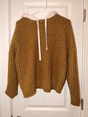 aerie Chunky Knit Hoodie Sweater in Warm Camel with Cream Hood